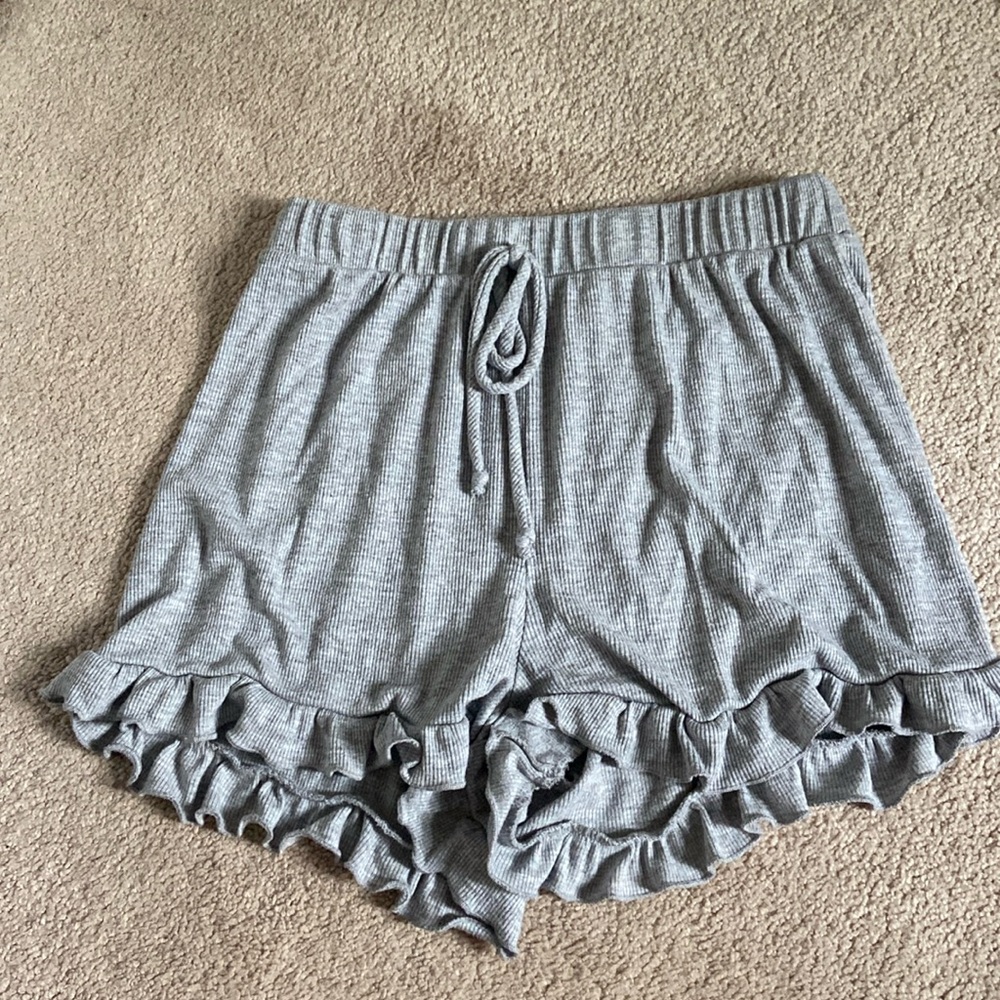 Gray Pajama/Leisure Shorts With Ruffle Accent